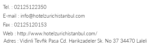 Zurich Hotel telefon numaralar, faks, e-mail, posta adresi ve iletiim bilgileri
